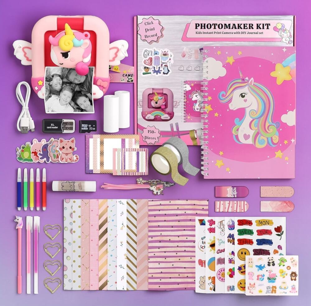 Kids Instant Print Camera Unicorn Photomaker Kit Journal Craft Set 150pcs